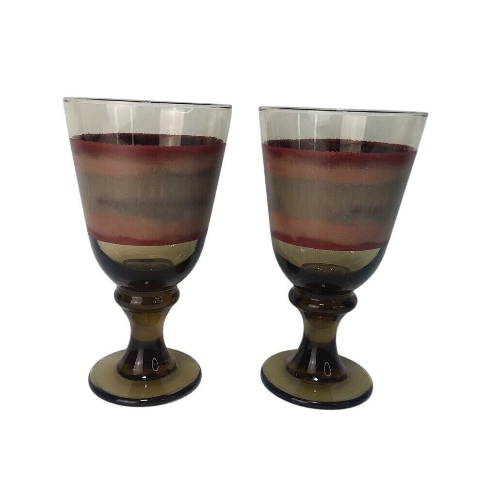 Set of 2 Libbey Sango Nova Brown 7" Striped Wine‎ Water Goblets Glasses